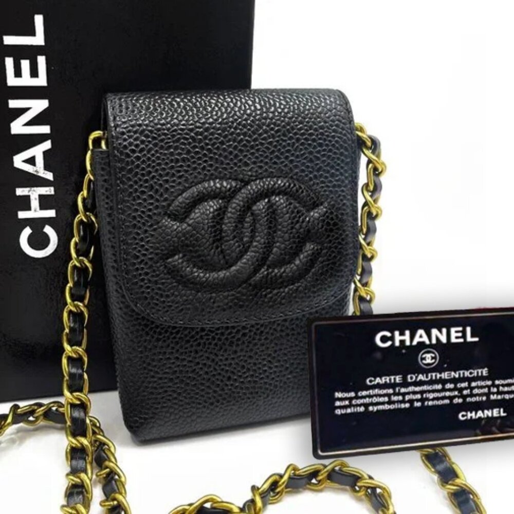Authentic CHANEL Vintage Mini Flap Caviar Leather Pouch Cigarette Case Crossbody